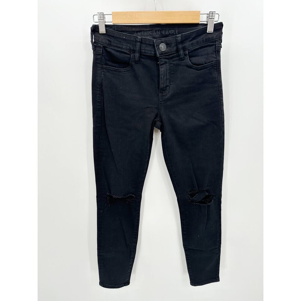 American Eagle Women 4 Short Black Next Level Stretch‎ Jegging Distressed Jeans